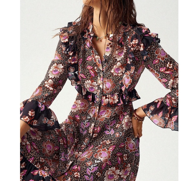 Boho Floral Print Button Ruffle Detail Long sleeve Midi Dress - Picture 4 of 6